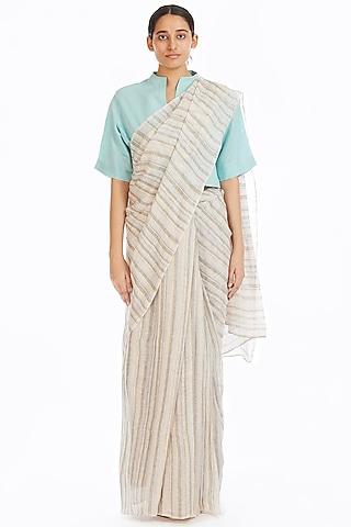 Multi Colored Handwoven Saree With Stripes by Akaaro