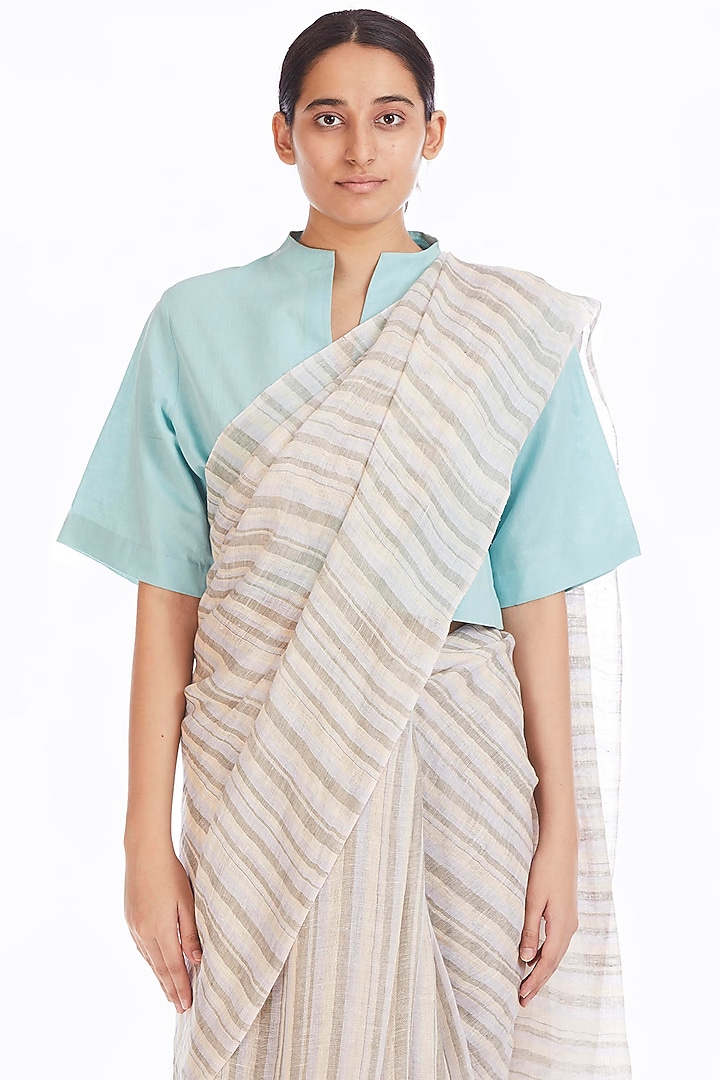Multi Colored Handwoven Party Wear Saree With Stripes by Akaaro at Pernia's Pop Up Shop