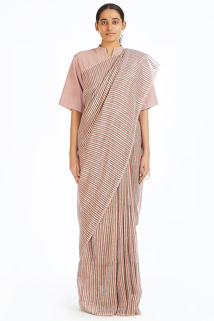Candy Pink Handwoven Striped Saree by Akaaro