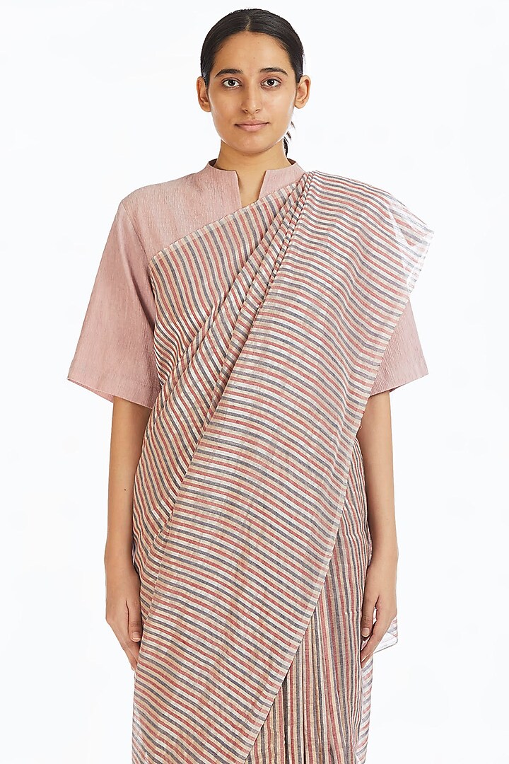 Candy Pink Handwoven Striped Party Wear Saree by Akaaro at Pernia's Pop Up Shop