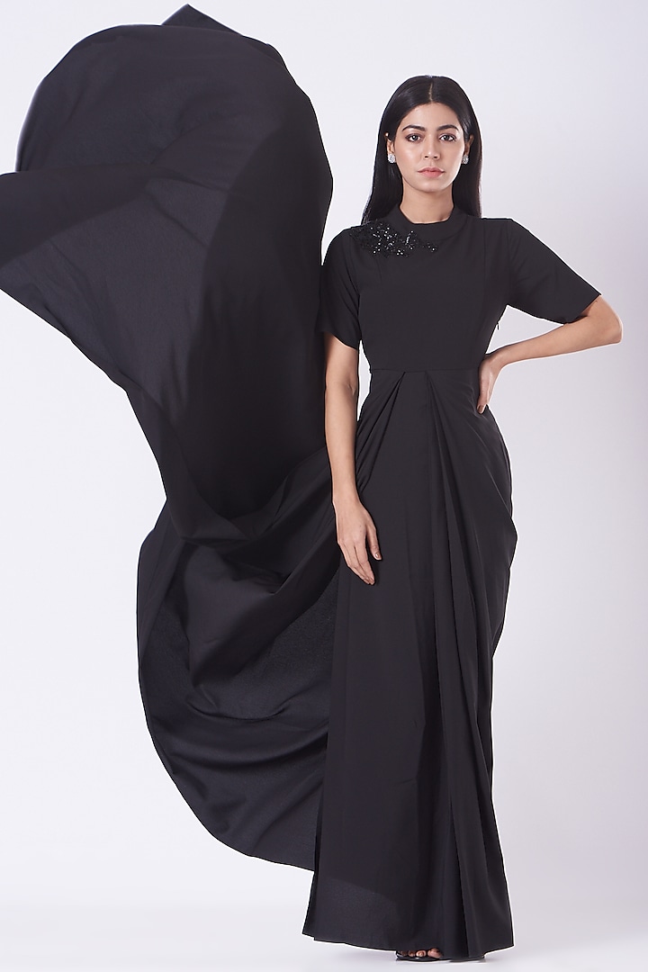 Black Draped Saree Dress by Aakaar