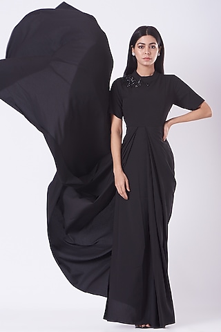 Black Draped Saree Dress by Aakaar