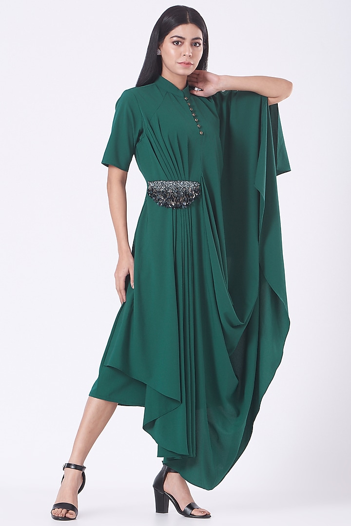 Teal Embroidered Draped Dress by Aakaar