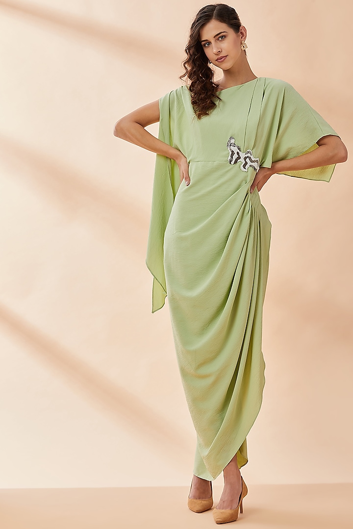 Light Green Embroidered Draped Dress by Aakaar