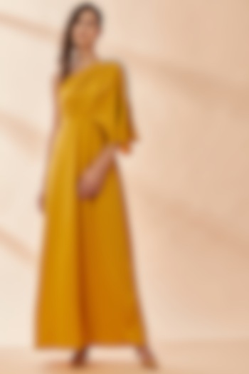 Mustard Embroidered Draped Dress by Aakaar at Pernia's Pop Up Shop