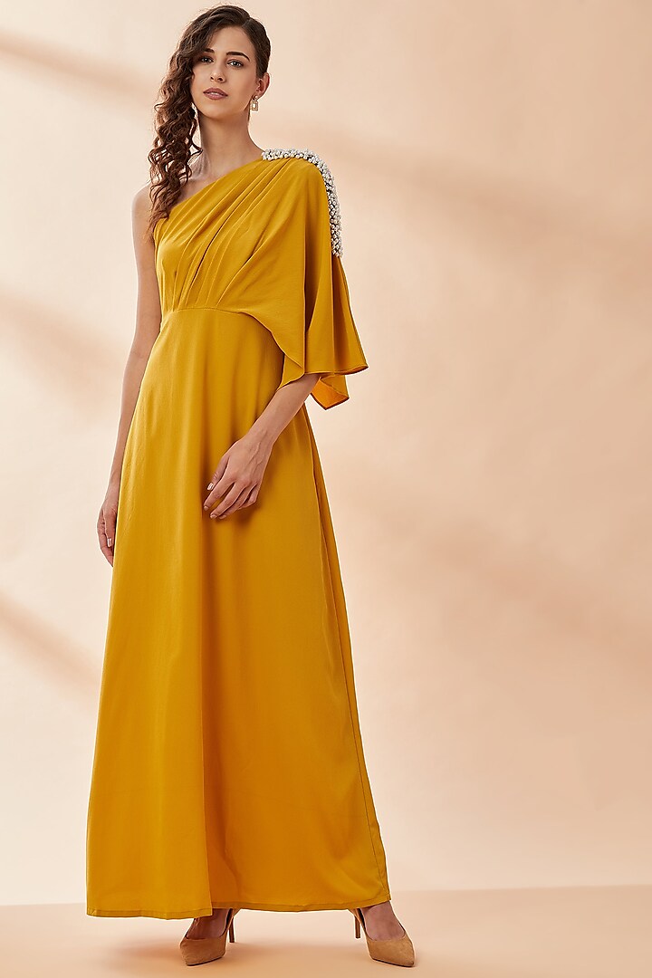 Mustard Embroidered Draped Dress by Aakaar at Pernia's Pop Up Shop