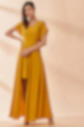 Mustard Draped Summer Dress With Embroidery by Aakaar at Pernia's Pop Up Shop