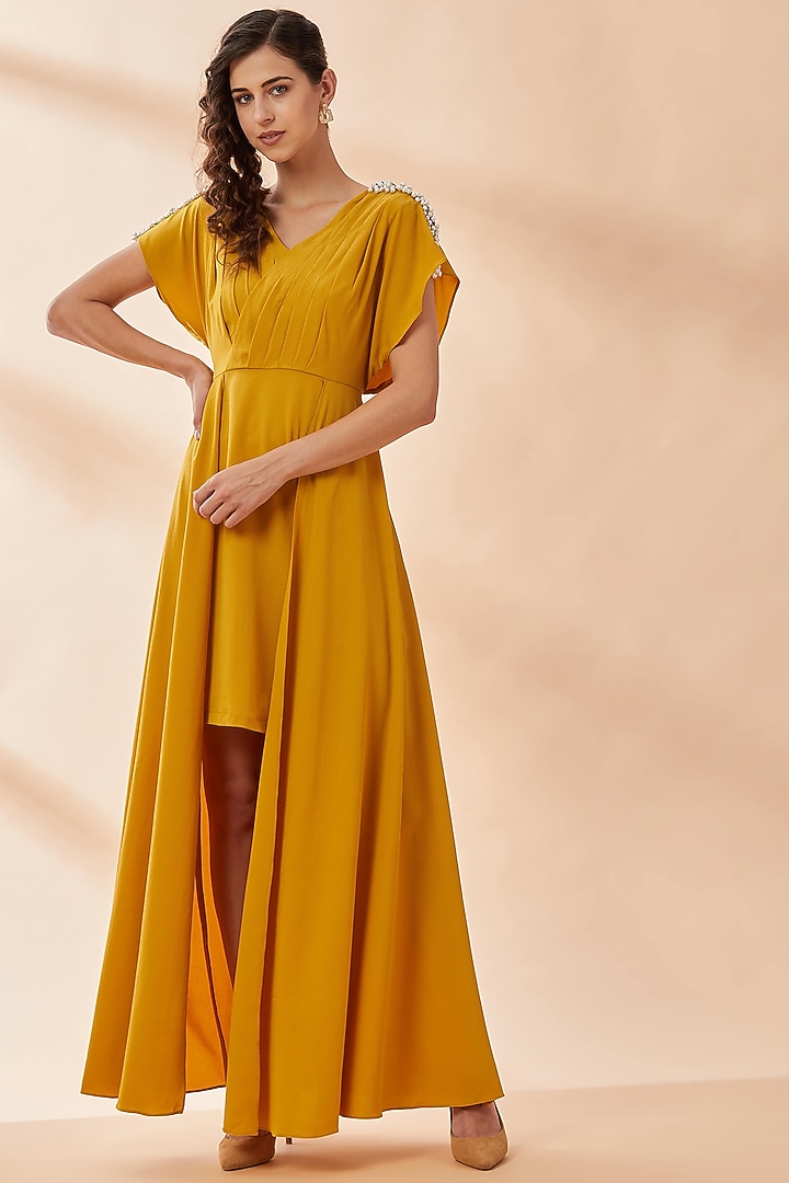 Mustard Draped Summer Dress With Embroidery by Aakaar at Pernia's Pop Up Shop