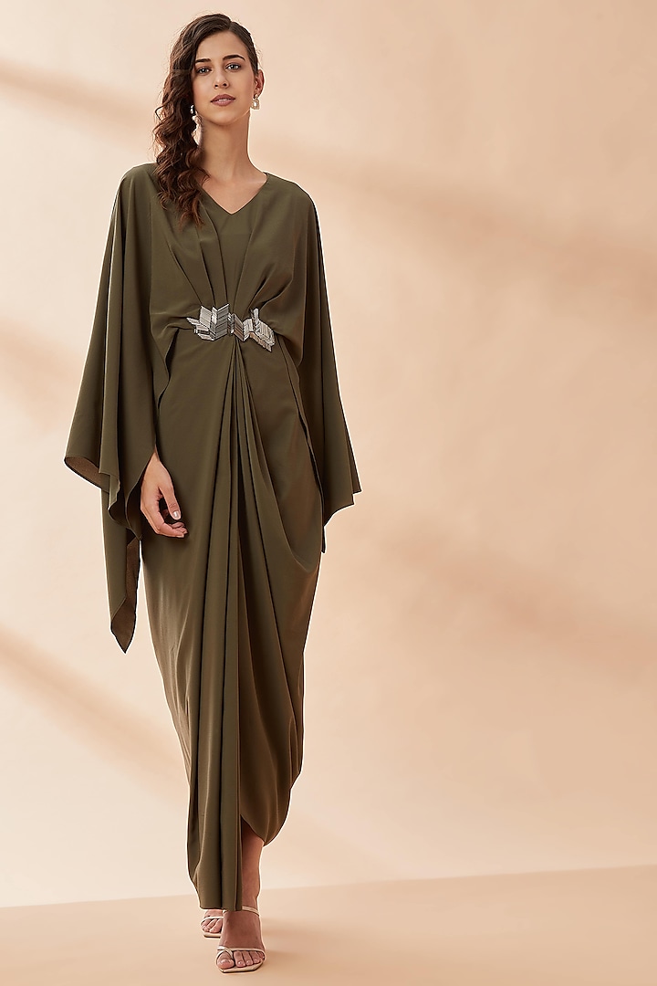 Olive Embroidered Draped Dress by Aakaar