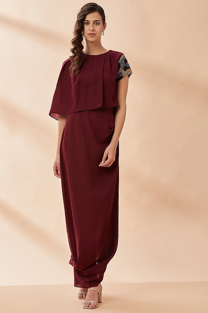 Wine Embroidered Draped Dress by Aakaar