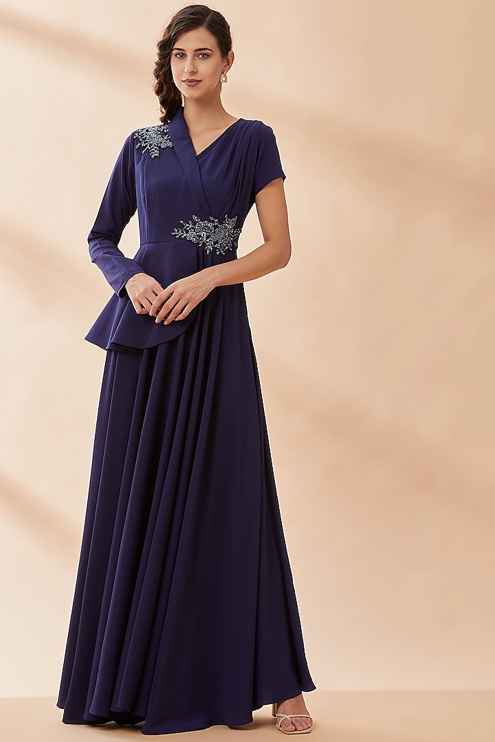 Spectrum Blue Embroidered Blazer Gown by Aakaar