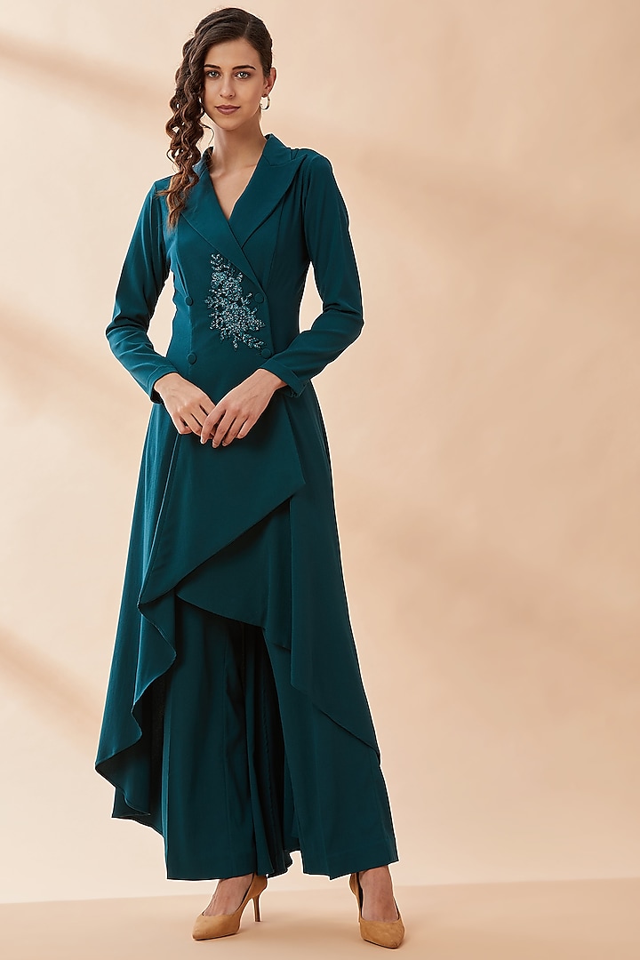 Teal Blue Embroidered Co-Ord Set by Aakaar