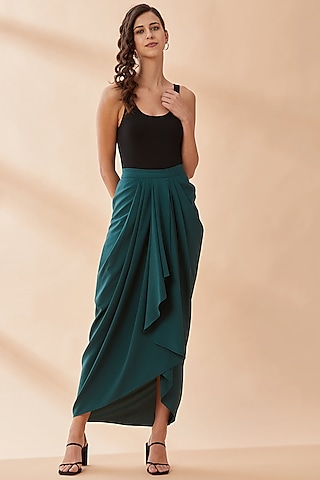 Bottle Green Moss Crepe Draped Skirt by Aakaar