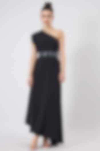 Black Moss Crepe One-Shoulder Dress by Aakaar at Pernia's Pop Up Shop