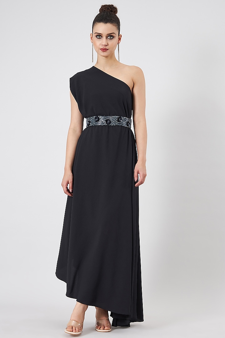 Black Moss Crepe One-Shoulder Dress by Aakaar at Pernia's Pop Up Shop