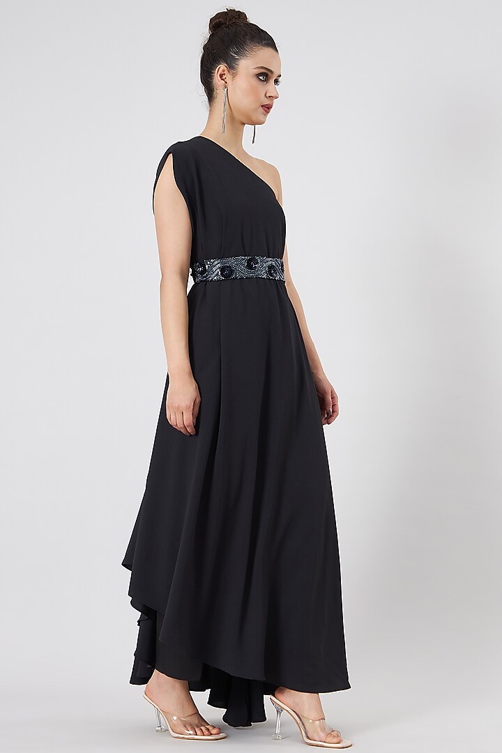 Black Moss Crepe One-Shoulder Summer Dress by Aakaar at Pernia's Pop Up Shop