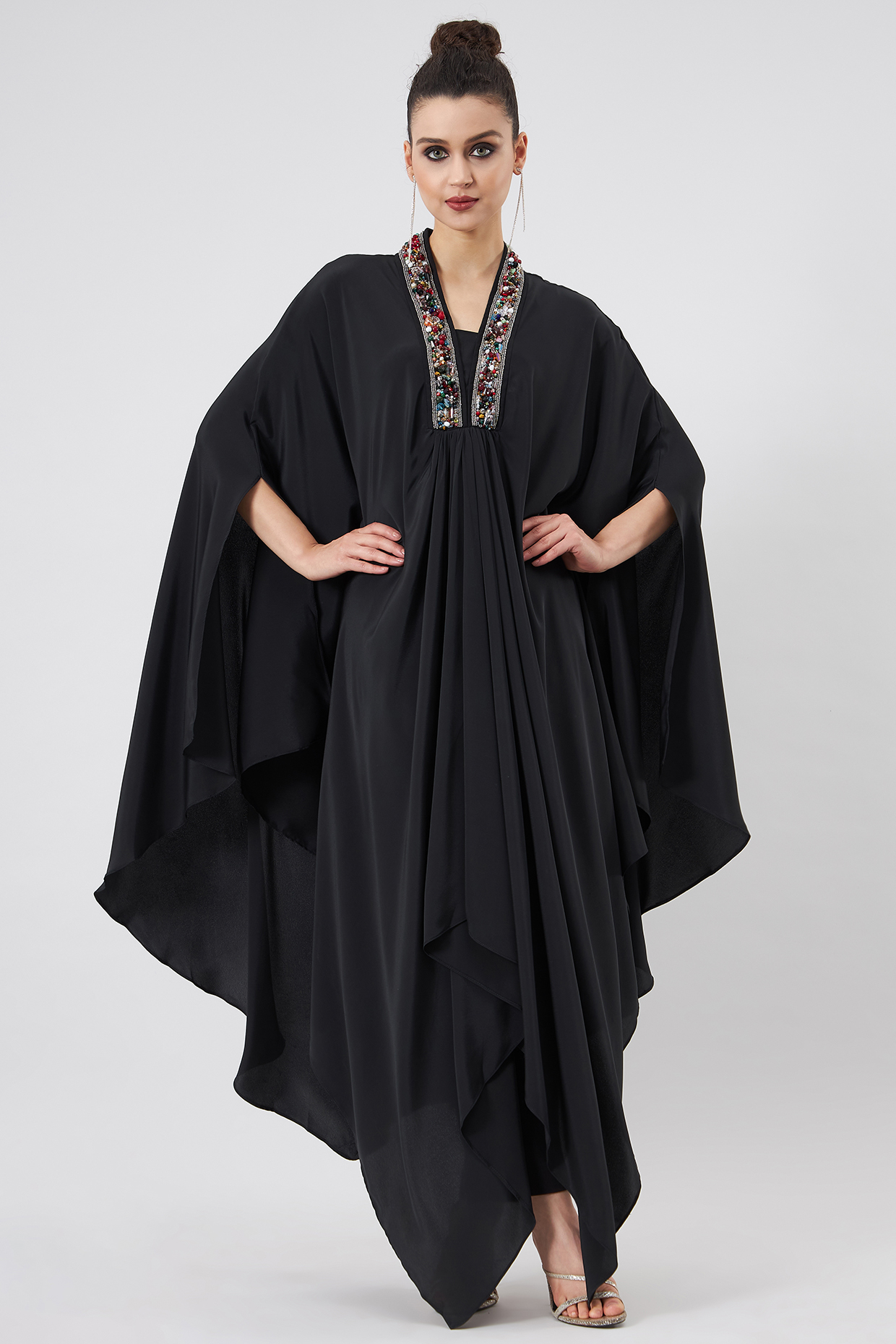 Black Silk Crepe Kaftan Set by Aakaar at Pernia's Pop Up Shop