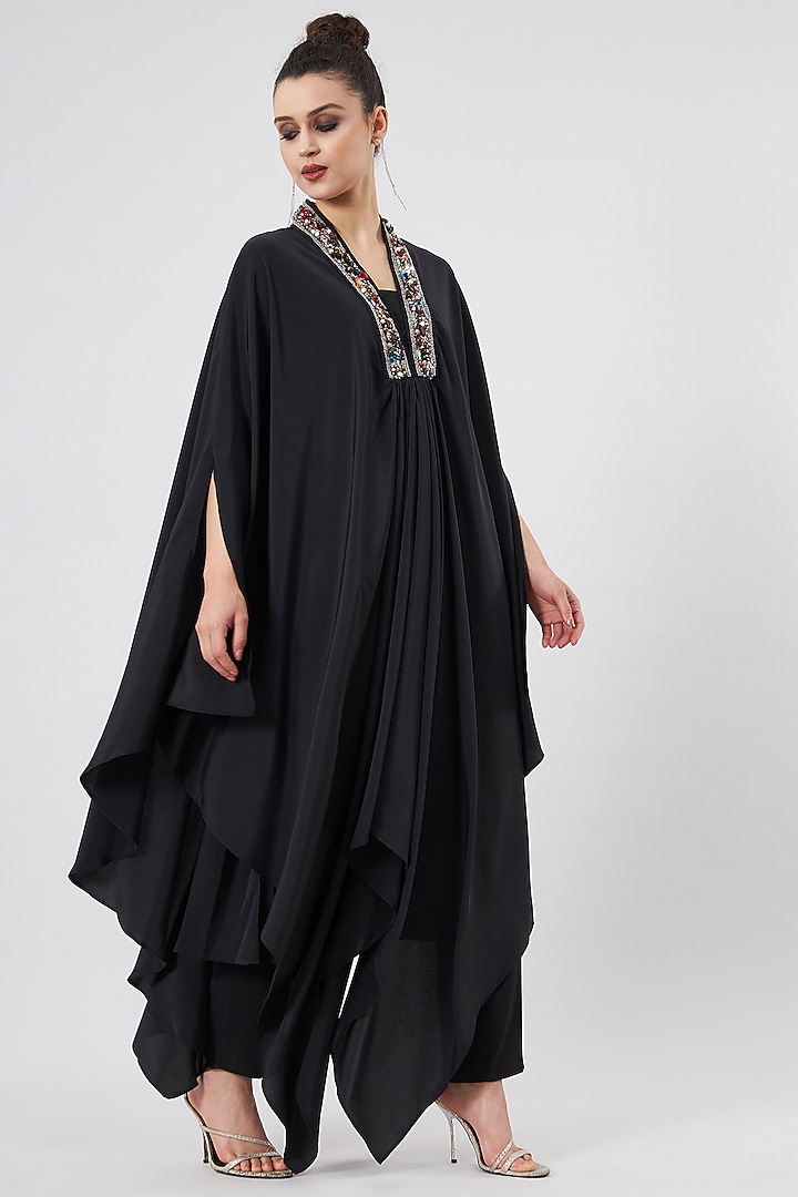 Black Silk Crepe Kaftan Set by Aakaar at Pernia's Pop Up Shop