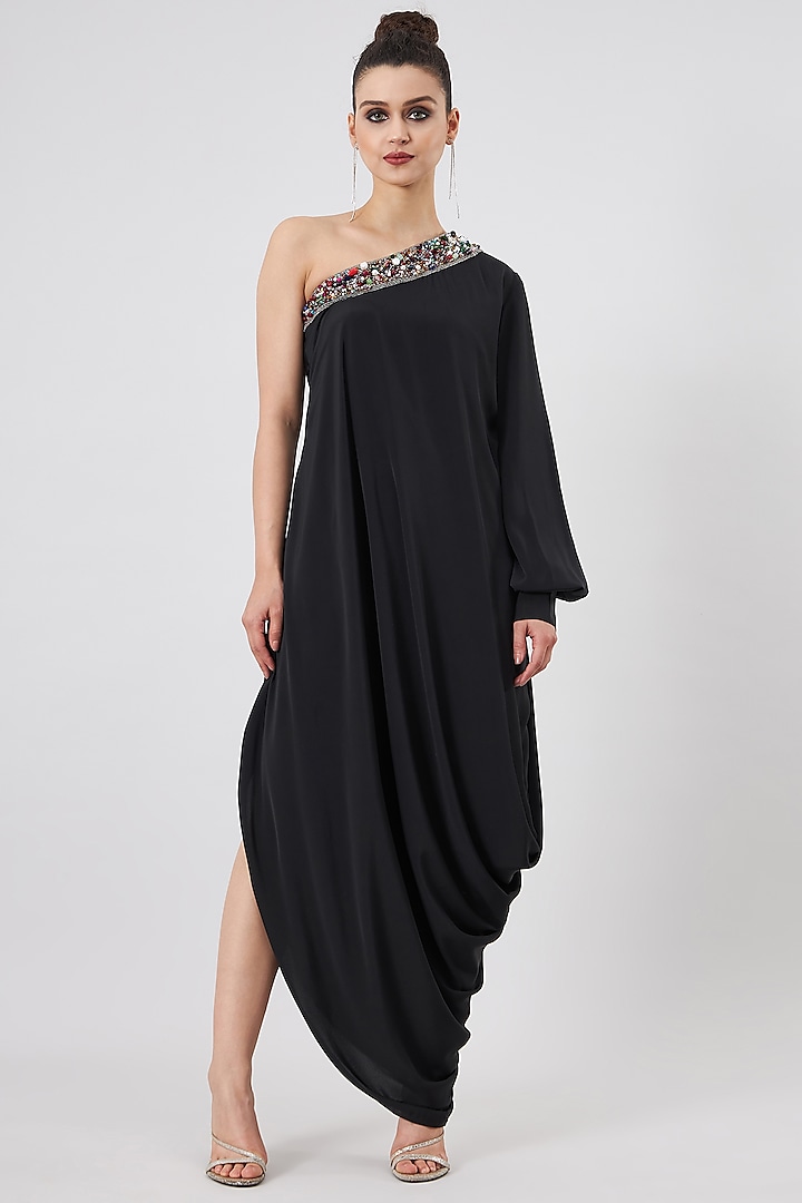 Black Silk Crepe Draped Dress by Aakaar
