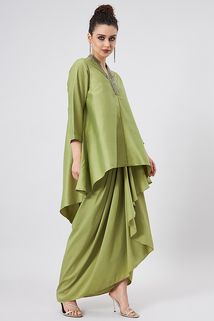 Lime Green Cotton Silk Skirt Set by Aakaar at Pernia's Pop Up Shop