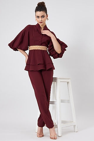 Wine Moss Crepe Co-Ord Set by Aakaar