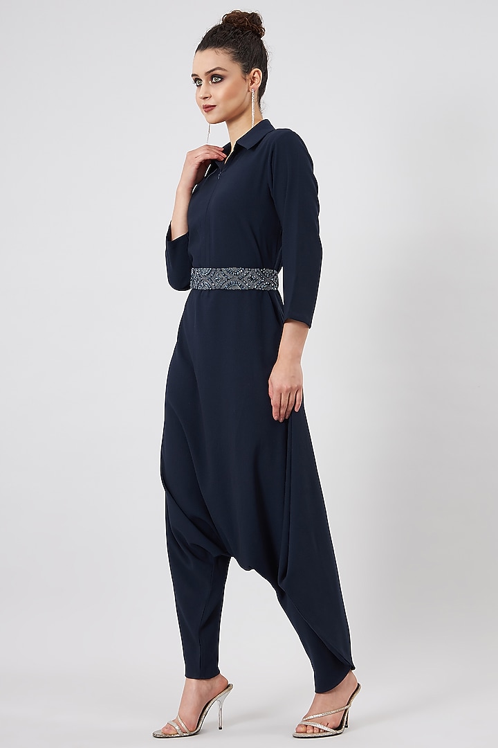 Navy Blue Moss Crepe Jumpsuit by Aakaar at Pernia's Pop Up Shop