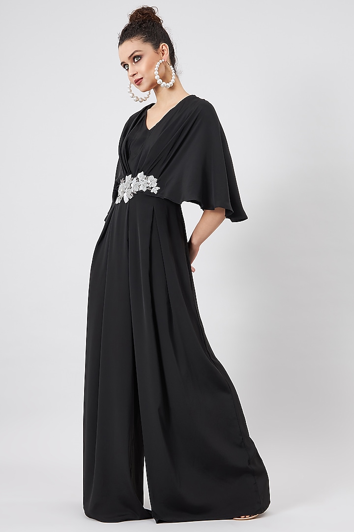 Black Silk Crepe Pleated Jumpsuit by Aakaar at Pernia's Pop Up Shop