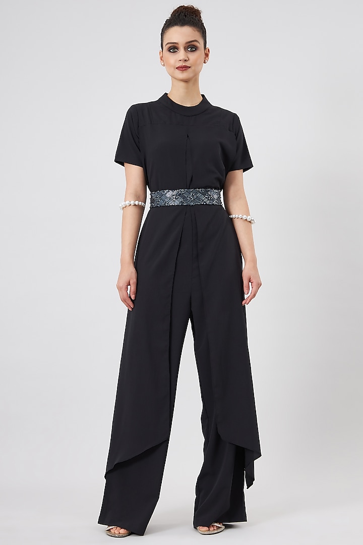 Black Moss Crepe Draped Jumpsuit by Aakaar at Pernia's Pop Up Shop