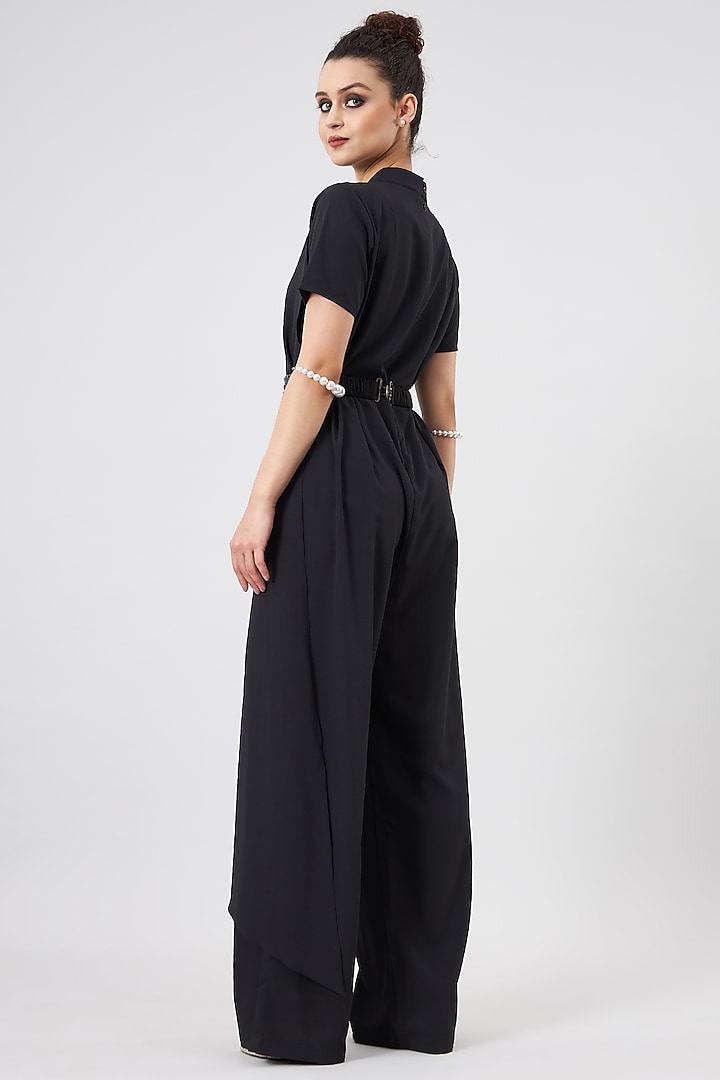 Black Moss Crepe Draped Jumpsuit by Aakaar at Pernia's Pop Up Shop