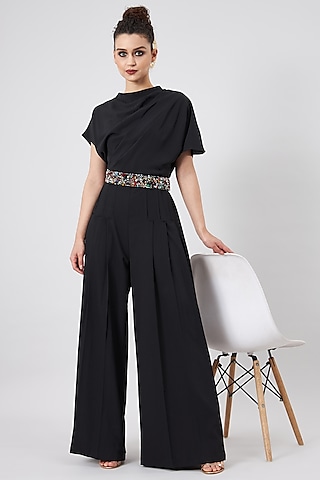 Black Moss Crepe Draped Jumpsuit by Aakaar