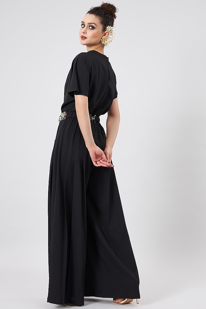 Black Moss Crepe Draped Jumpsuit by Aakaar at Pernia's Pop Up Shop