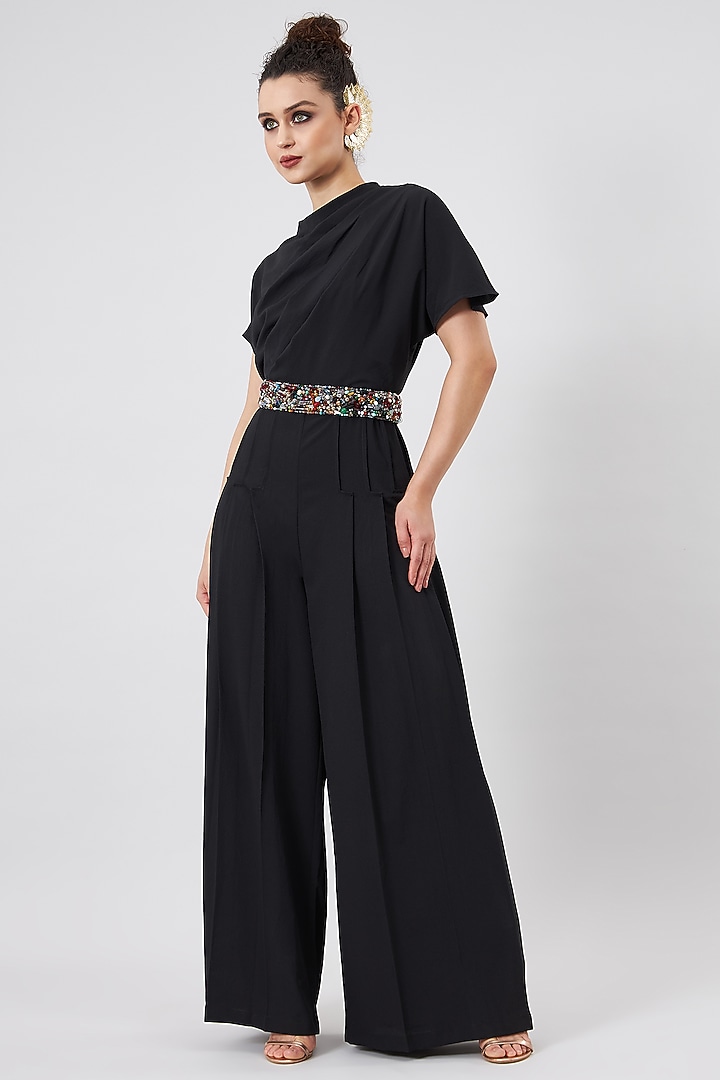 Black Moss Crepe Draped Jumpsuit by Aakaar at Pernia's Pop Up Shop