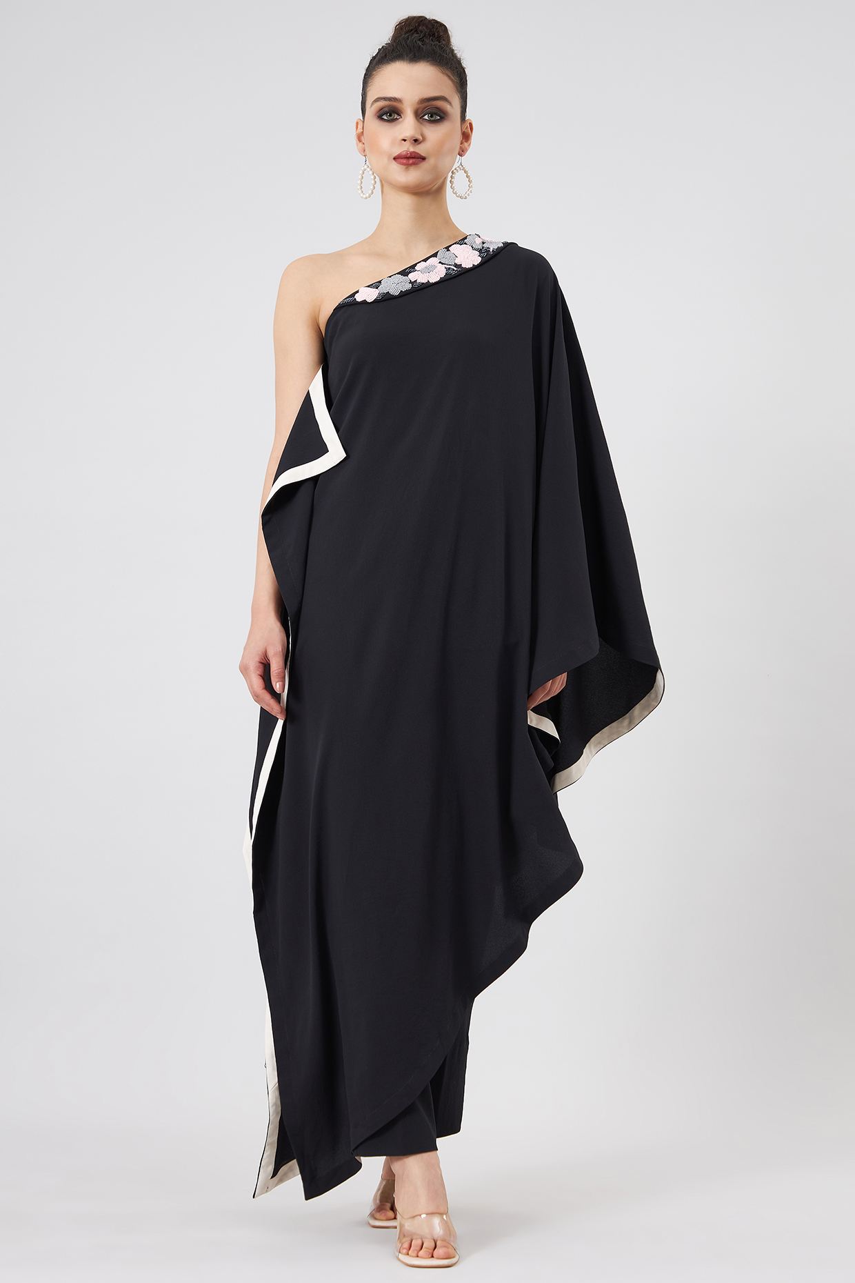 Black Moss Crepe Embellished Kaftan Set by Aakaar at Pernia's Pop Up Shop