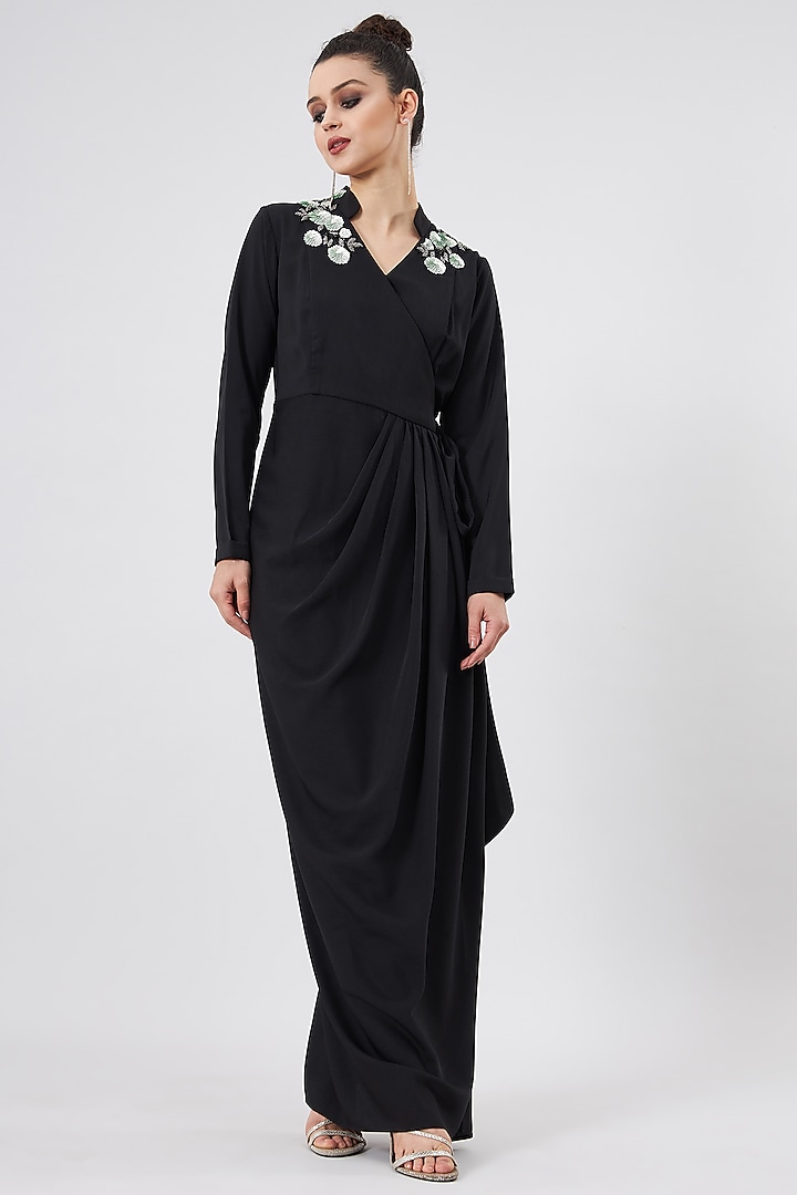 Black Moss Crepe Embellished Wrap Dress by Aakaar