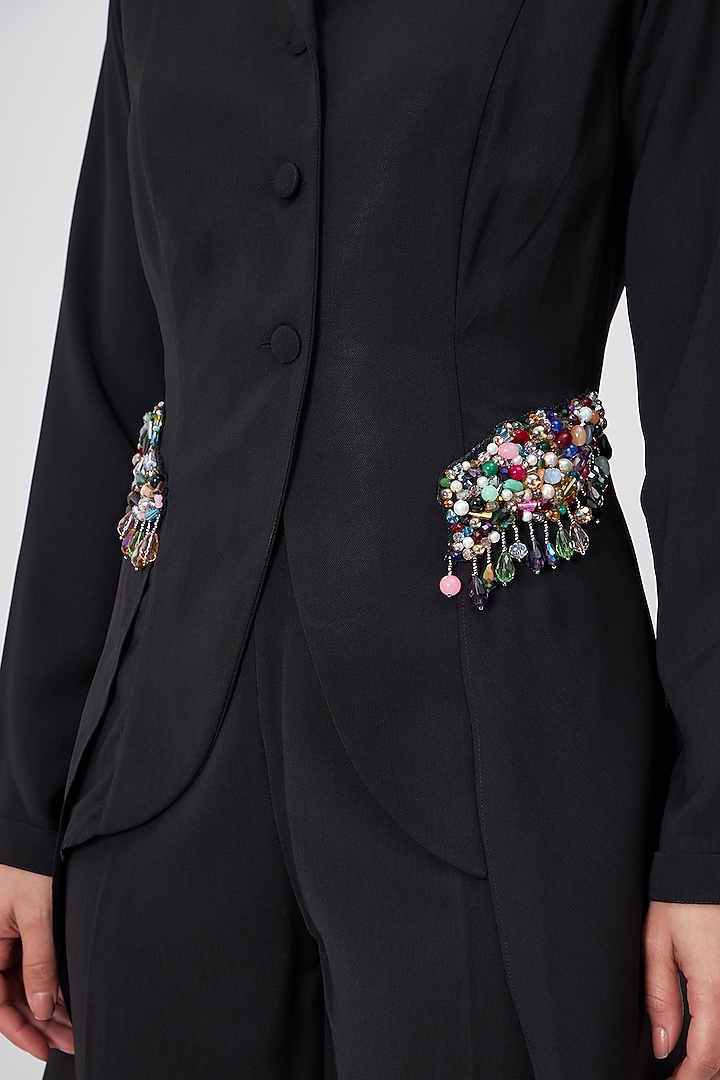 Black Moss Crepe Embellished Blazer Set by Aakaar at Pernia's Pop Up Shop