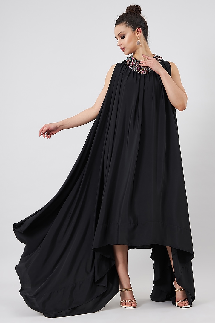 Black Silk Crepe Embroidered Handkerchief Dress by Aakaar