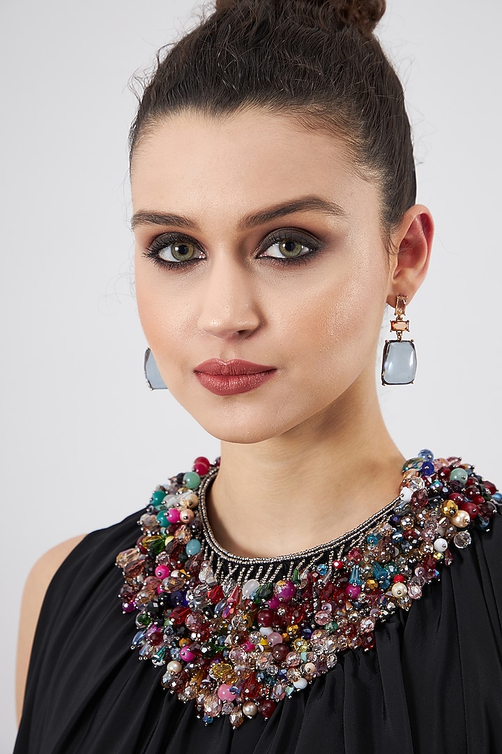 Black Silk Crepe Embroidered Handkerchief Vacation Dress by Aakaar at Pernia's Pop Up Shop