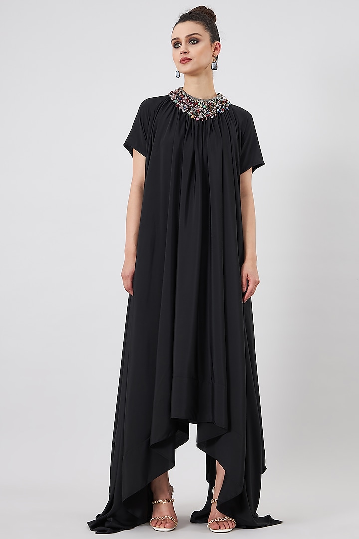 Black Silk Crepe Embroidered Dress by Aakaar