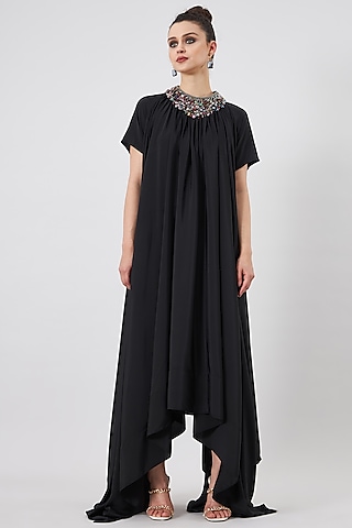 Black Silk Crepe Embroidered Dress by Aakaar