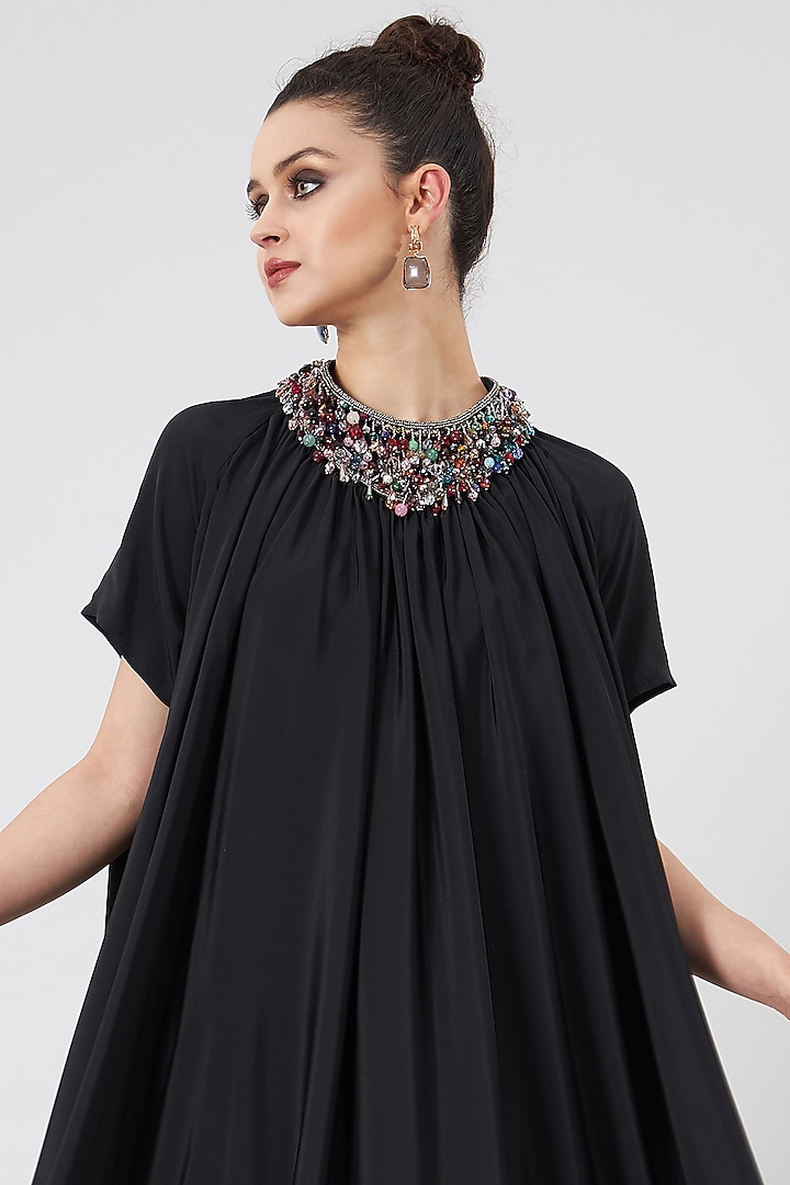 Black Silk Crepe Embroidered Vacation Dress by Aakaar at Pernia's Pop Up Shop