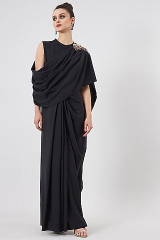 Black Moss Crepe Embellished Dress by Aakaar