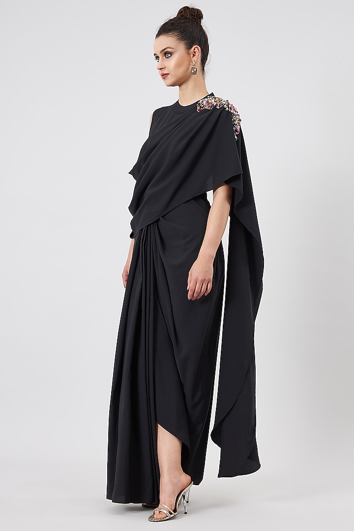 Black Moss Crepe Embellished Summer Dress by Aakaar at Pernia's Pop Up Shop