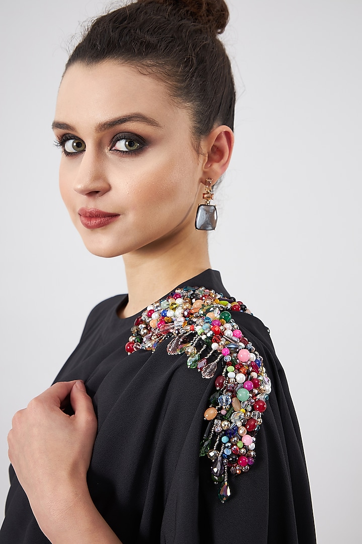 Black Moss Crepe Embellished Summer Dress by Aakaar at Pernia's Pop Up Shop