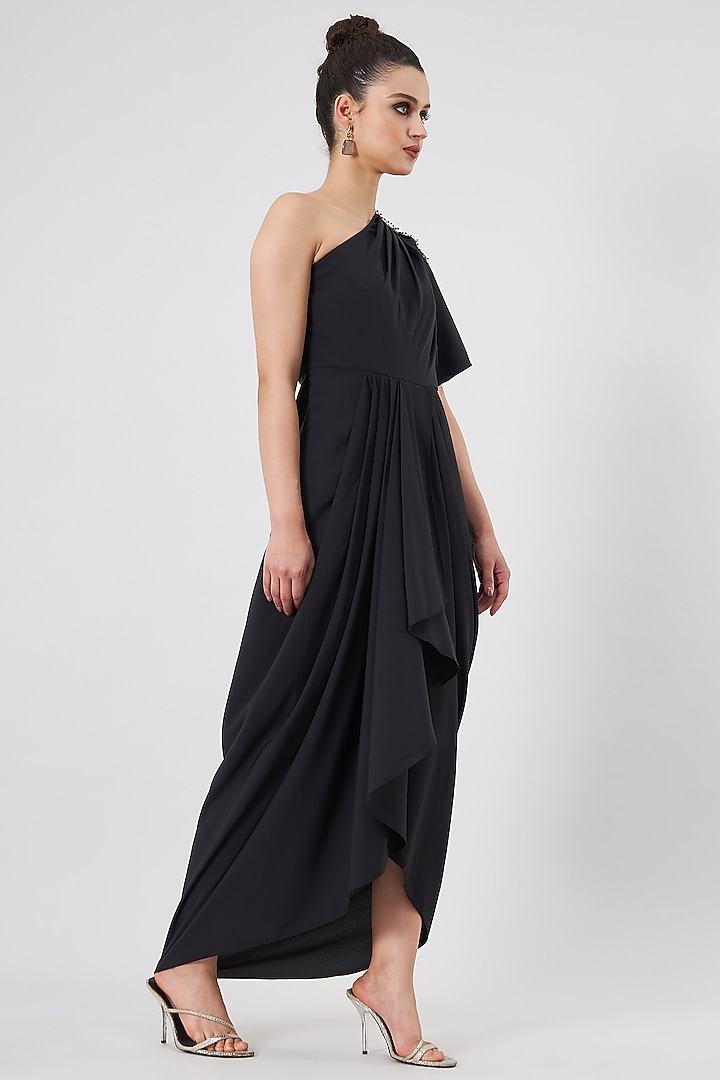Black Moss Crepe Embellished Summer Dress by Aakaar at Pernia's Pop Up Shop