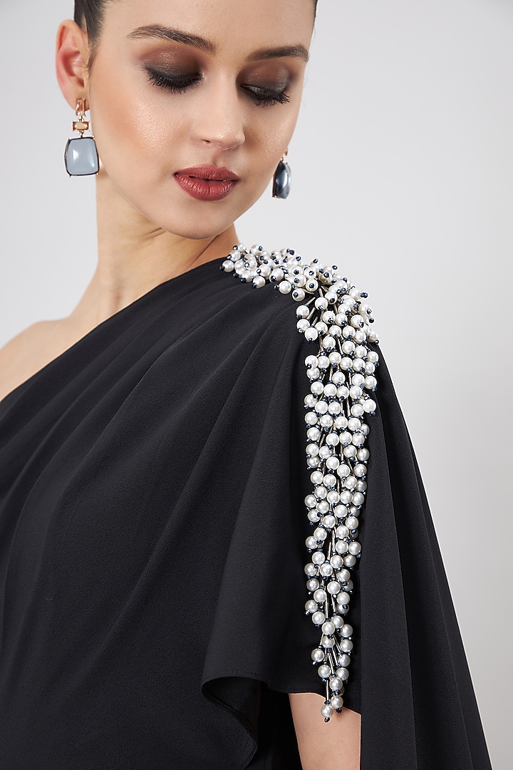 Black Moss Crepe Embellished Summer Dress by Aakaar at Pernia's Pop Up Shop
