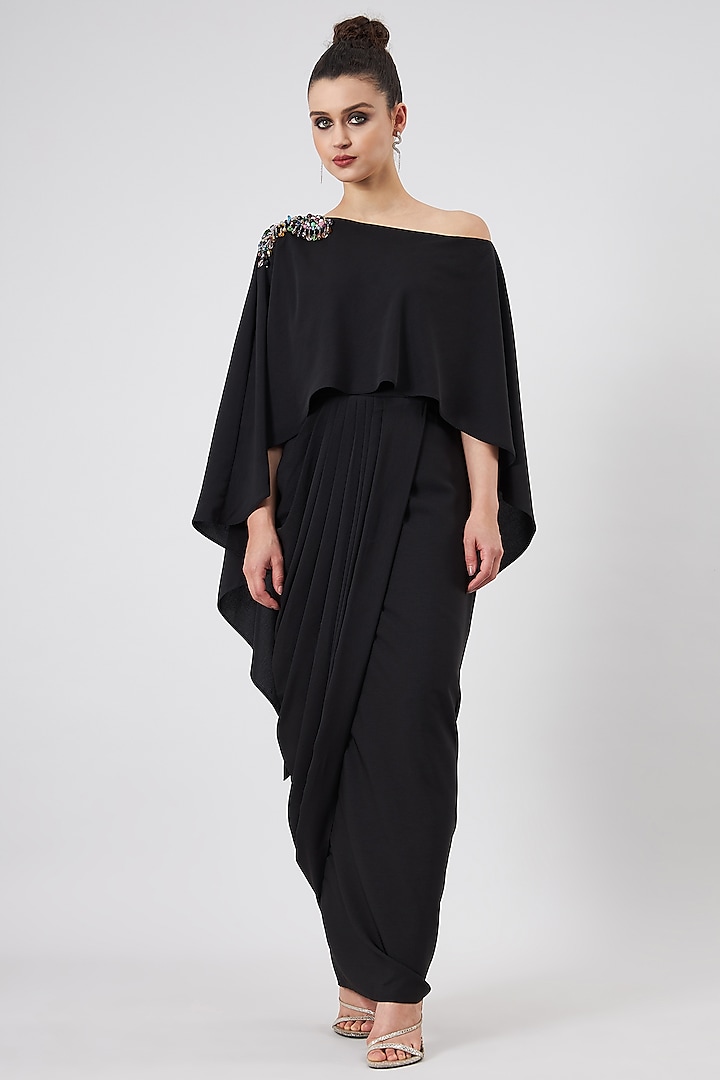 Black Moss Crepe Embellished Summer Dress by Aakaar at Pernia's Pop Up Shop