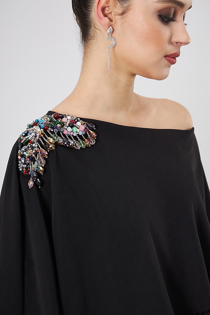 Black Moss Crepe Embellished Summer Dress by Aakaar at Pernia's Pop Up Shop