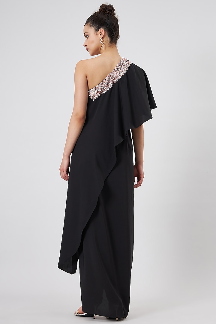 Black Moss Crepe Embellished Summer Dress by Aakaar at Pernia's Pop Up Shop
