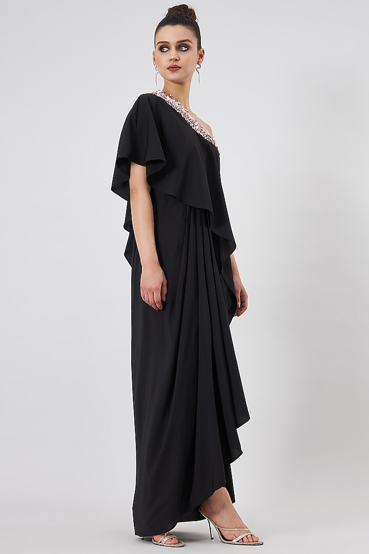 Black Moss Crepe Embellished Summer Dress by Aakaar at Pernia's Pop Up Shop