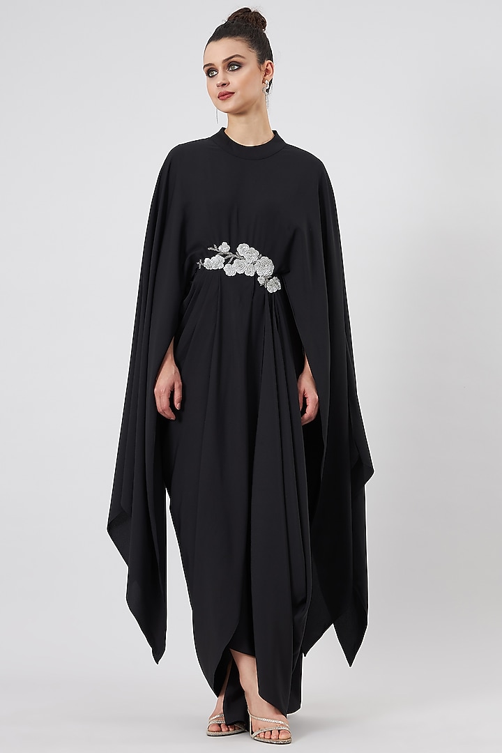 Black Moss Crepe Embellished Dress by Aakaar